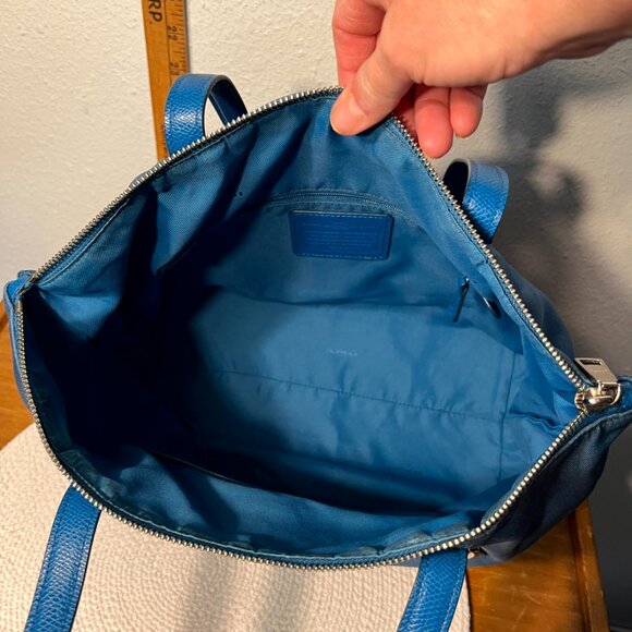 COACH Nylon & Leather Teal Zip Closure Shoulder Tote 35500 - Picture 7 of 8